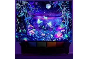 Ulticool – Papillons champignons - Tapisserie phosphorescente dans le noir - Lumière noire sous néon noire réactive aux UV - Psychédélique Blacklight Toile murale phosphorescente - 200x150 cm
