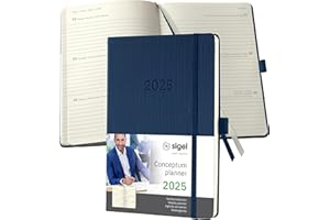 SIGEL C2562 Wochenplaner Wochenkalender 2025, ca. A5, dunkelblau, Hardcover, 192 Seiten, Gummiband, Stiftschlaufe, Archivtasche, aus nachhaltigem Papier, Conceptum