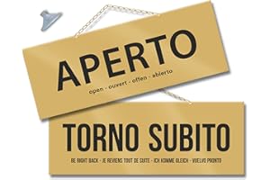 POLITARGHE Maxi Cartello APERTO e TORNO SUBITO per negozio vetrina studio laboratorio officina bottega (oro/oro)
