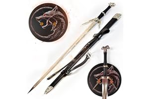 SWORDS AND MORE Witcher - Silber Schwert mit Scheide - Typ I + Wanddisplay, Geralt von Riva Silberschwert, Metallschwert für Cosplays, zum Sammeln & als Geschenk, Schwerthalter aus Holz mit Wolf Symbol