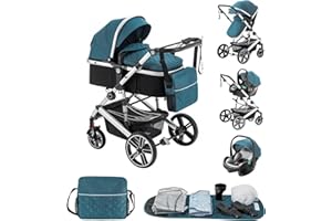 Lnhcrbs Baby Stroller 3 in 1 with Car Seat According to ECE R129,Travel Stroller is Foldable,3 in 1 Pram Frame in Aluminium with Shock Absorbing System, Suitable for 0-48 Months,22 Kg,Blue