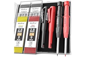Nicpro CP3000 lápiz de carpintero con sacapuntas, 2 portaminas de 2,8 mm con 38 recambios, marcador de agujeros profundos para construcción, herramientas de carpintero
