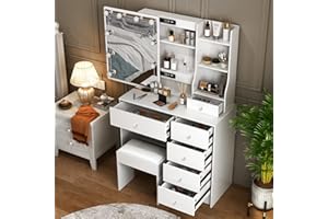 Ereousa Toeletta Trucco con Specchio e Sgabello, Postazione Make-up Robusta con Luci Dimmerabili e Guida Video, Scrivania da Trucco con 6 Cassetti e 6 Ripiani, Bianco, 36×80×131 cm, H411226