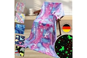 Emilie-Textil Flauschige Kinderdecke, Kuscheldecke mit leuchtenden Motiven wie Einhorn, Dino, Weltraum und Gaming - Weiche Fleecedecke für Mädchen und Jungen, (Lila Einhorn, 200X150)