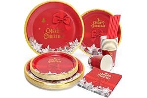 PARTY GO 125 Pezzi Piatti Natalizi,Piatti Di Carta, Tovaglioli, Bicchieri E Cannucce Con Motivo Fiocchi di Neve, Per Piatti Natale Usa E Getta Per 25 Ospiti