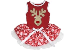 Petitebelle Reindeer Face Puppy Dog Dress (Red/Snowflakes, Medium)