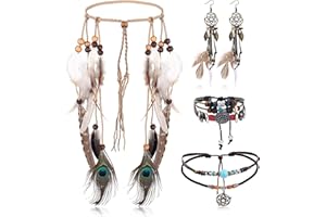 LOLIAS 4 Pièces Coiffe Indienne Ensemble Collier Cuir Boucles d'oreilles Plumes pour Femmes Bracelet Fait Main Vintage Boho Hippie Tribal Thème Fête Carnaval Bijoux