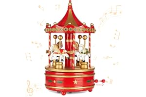 BRUBAKER Spieluhr aus Holz - Melodie: Jingle Bells - Nostalgie Karussell mit Pferden - 24 cm Spieldose Dekoration für Weihnachten - Weihnachtsdeko Musik Box - Rot Gold