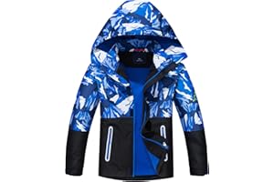LAUSONS Boys Waterproof Jacket Kids Coat Camo Girls Lightweight Windbreaker Outdoor Fleece Raincoat with Hood