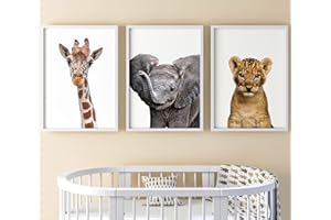 Eviepops Prints Ensemble Animaux Safari de 3 Impressions Sans Cadre pour Chambre d'enfant Fille ou Garçon, Décoration Chambre Posters Décoratifs Muraux, Eléphant Girafe Lion (A4)