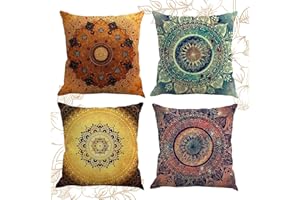 HIQE-FL Juego de 4 Fundas de Cojín de 45 x 45 cm,Cojines Impermeables Exterior,Funda de cojín Decorativa con Diseño Bohemio,de Flores Indias,para Sofá,Oficina, Coche,Decoración del Hogar