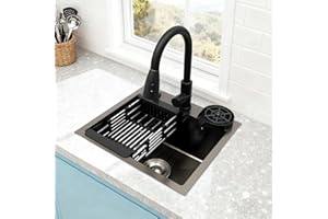 BAOCHADA Spülbecken Schwarz 45×40cm,Waschbecken Küche mit Tassenspüler und Drainage Komponenten,Küchenspüle Schwarz,Spülbecken Küche Eckig für Schränke mit einer Breite von mindestens 40 cm