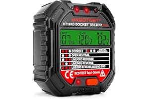 MINSHUXI Comprobador de Enchufe de 90-250 V con LCD Pantalla Probador de Enchufes Electricos con Prueba RCD 6 Tipos de Diagnóstico de Averías Examinar Circuito Probar Estado del Diferencial HT107D