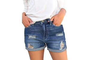 Roskiky Pantalones cortos de media subida de las mujeres estiramiento desgarrado dobladillo crudo denim jeans cortos