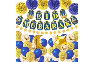 RMMD Eid Mubarak Decorations 41PCS Eid Decorations for Home- Eid Mubarak Banner,Foil Balloons,Pom Poms Flowers,Gold Star Moon Garland for Ramadan Kareem Party Supplies Muslim Islamic Decorations for Home