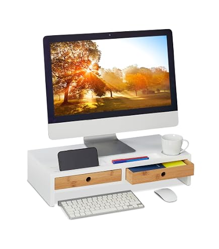Relaxdays Bamboe Monitor Standaard Met 2 Lades - Wit, 14x60x30 Cm, Ergonomisch En Opbergend