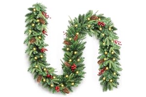 RINTEA Guirnalda Navidad, 2.7M Guirnalda Navidad con Luces y 260 Puntas de Ramas, Guirnalda Navideña Impermeable con 30 LED y Temporizador para Escaleras, Chimenea, Puerta, Decoración de Interior/Exterior