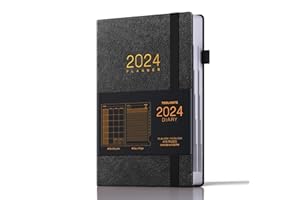TDOLISSTE - 2024 Agenda Giornaliera, Diario A5 Planner Con Piano Giornaliero di 366 Pagine e Piano Mensile di 24 Pagine, Portapenne e Tasca Interna, Copertina Rigida Nera