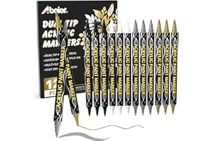 ABEIER Pennarelli Acrilici 12 Pezzi, Colori Oro, Argento, Bianco, Nero, Pennarelli Metallici a Doppia Punta, Rapida Asciugatura, Adatti per Rocce, Legno, Vetro, Tessuti, Tela, Ceramica, Metallo