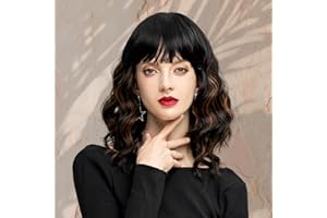 REVIVI Court Bob Perruques Noir&Brun Bouclés Bob Perruques élégantes avec frange pour les femmes noires fibre naturelle résistante à la chaleur 16 "