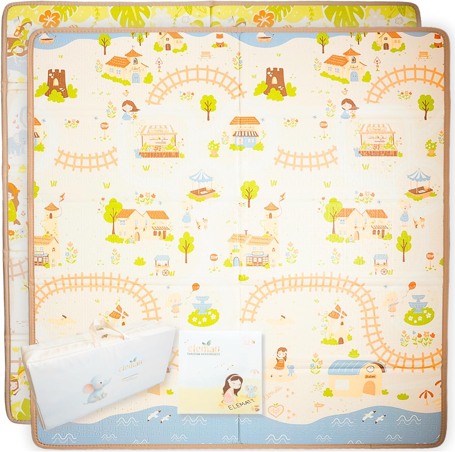 Alfombra Juegos Bebe Grande 150x180 cm Acolchada 1,5 cm XPE Reversible – Extra Gruesa, Antideslizante y Facil Limpieza | Incluye Bolsa PU Premium y 20 Tarjetas Sensoriales – elematt