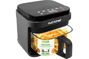 NutriChef Airfryer 5.8L – Bol Transparent, 8 Programmes, Contrôle Température et Temps – Cuisson Sans Huile pour Viandes et Snacks – Gris