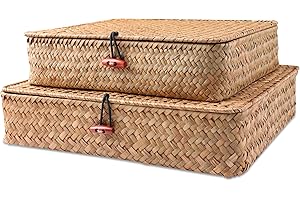 FEILANDUO Canastas de almacenamiento con tapas, cestas de almacenamiento de mimbre para estantes organizadores, cajas organizadoras tejidas de ratán de hierba marina natural, decoración del hogar