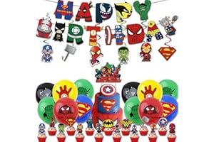 YAYAFUNFUN 44Pcs Superhero Birthday Party Decorations,Superhero Kids Party Packs with Happy Birthday Banner,Superhero Balloons,Marve‘l Cake Toppers,Superhero Hanging Swirls,Superhero birthday Party Decor for Boy