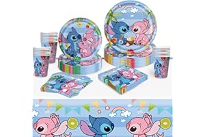 DreamJing Stitch Birthday Party Decorations Tableware Set, Lilo Stitch Party Supplies Paper Plates Cups and Napkins for Kids Birthday Kit 20 Guests D