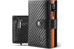 Tomylv Portafoglio Uomo Slim RFID Blocking, Fibra di Carbonio Porta Carte di Credito Uomo - ID Window, Tasca Portamonete con Cerniera, Scomparto per Banconota, Confezione Regalo - Nero Arancione