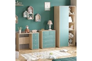 Junior Vida Neptune 3 Piece Bedroom Furniture Set 5 Drawer Chest, 3 Drawer Desk, 1 Door Wardrobe (Blue & Oak)