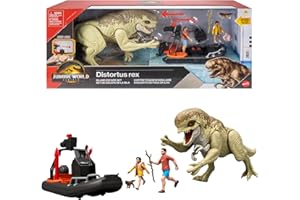 Mattel Jurassic World : Renaisssance , Coffret véhicule avec figurines de dinosaure et d’humains, embarcation du film, Distortus Rex et Delgado, Isabella et Aquilops, JGB55