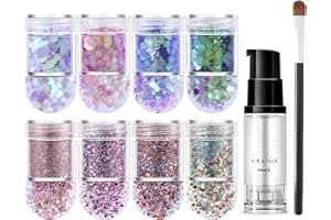 KAYZON Chunky Glitter Set, 8 Colors (Holographic, High-Strength Pigment), Face, Eyes, Lips, Body, Nails, Hair, Crafts, Includes Fix Gel and Brush