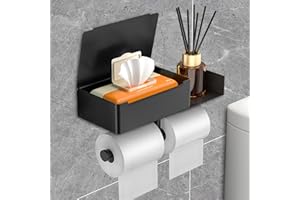 AMZJMT Derouleur Papier Toilette Murale,Porte Rouleau Papier Toilette e avec boîte à mouchoirs,Porte Papier Toilette sur piedSupport Papier Toilette sans percage pour Salle de Bain, Cuisines,Noir