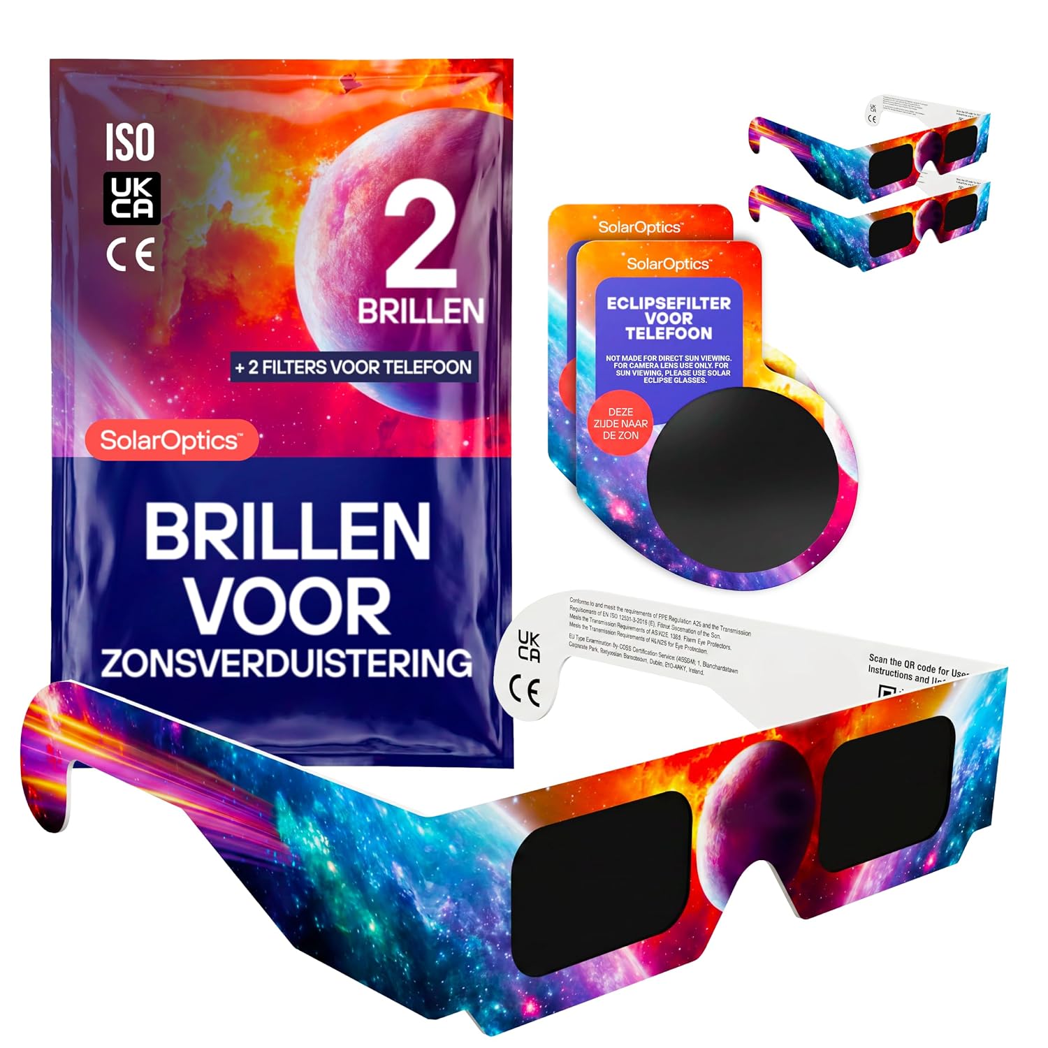 Zonsverduisteringsbrillen 2-pack met 2 smartphonefilters – ISO 12312-2 en CE-gecertificeerd, AAS 2026, complete set voor het observeren en fotograferen van de zonsverduistering