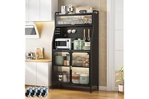 Fiutazge 160cm Alacena de Cocina, Buffet Cocina con Ruedas, Armario Buffet con Estantes Ajustables y Puertas Visibles, Mueble Auxiliar de Cocina, Mueble Cocina, Vitrina, Negro 86 L X 36 W X 160 H cm