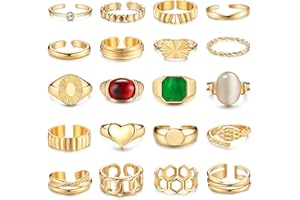 Roheafer 20 PiezasJuego de Anillos de Oro para Mujere 18K chapado en oro grueso de cristal de serpiente Corazón Signet Ring Banda abierta ajustable Tamaño 7-19.5