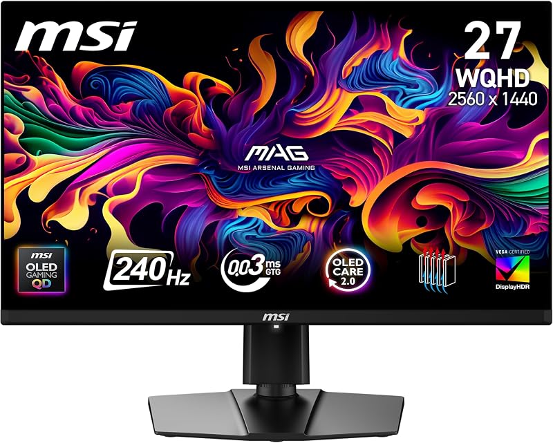 MSI MAG 273QP QD-OLED X24 26.5 Inch WQHD Gaming Monitor - 2560 x 1440 Quantum Dot Panel, 240Hz / 0.03ms, 99% DCI-P3, ΔE≤2, DisplayHDR True Black 400, DP 1.4a, HDMI 2.1