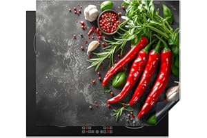 KitchenYeah Piastra di copertura per fornelli 60x52 cm, monoblocco, protezione per piani di cottura a induzione, in vinile, peperoncino, cemento, aglio