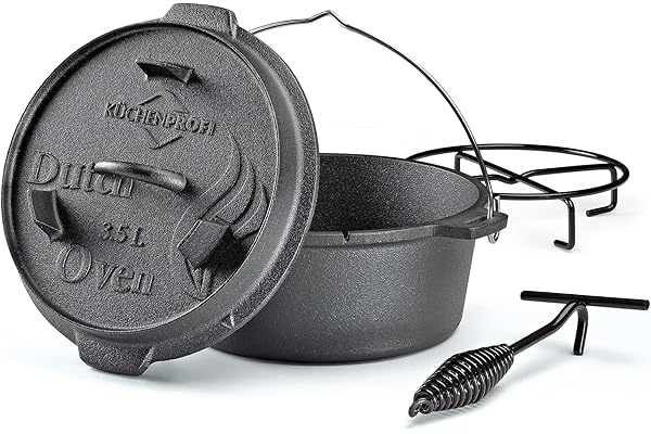 Küchenprofi Cocotte en fonte pour barbecue, 3,5 l, diamètre 24 cm, sans pieds, prête à l'emploi, avec couvercle pour grill, foyer, tous feux (y compris induction) et four