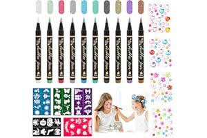 LTFIOON Rotuladores Tatuajes Niños, 10 Bolis Tatuajes Purpurina, 5 Tatuajes Plantillas, 4 Pegatinas de Diamantes, Kit Tatuajes Niña, Tatuajes Temporales Niños para Fiesta Halloween Cumpleaños