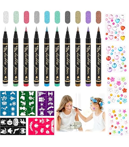 Kit Tatouage Temporaire Enfant 26 Pièces - Stylos Gel à Paillettes, Pochoirs Et Autocollants Lumineux Pour Fêtes