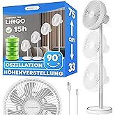 Climative Tischventilator Sehr Leise 34–75 cm USB Ventilator Akku 15h Table Fan LiftGo Standventilator 4 Modi 450 m³/h Oszill