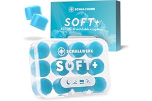 Schallwerk ® Soft+ 12 bouchon d'oreille en silicone – bouchons d'oreille souples pour le sommeil – suppression du bruit – casque anti bruit pour dormir (bleu clair, 12 pièces)
