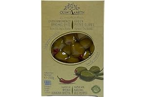 Olive's Earth Greek Green Chalkidiki Olives Without Core Filled with Red Pepper - 4 x 200g (800g) - Aromatic & Crisp - 100% Natural, Vegan & No Preservatives
