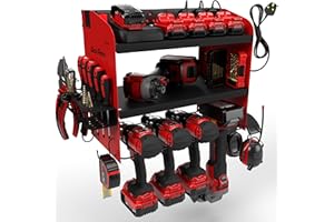 Toolganize Power Tool Organiser, Storage Rack with Power Strip Charging Station, Heavy-Duty for Workshop & Garage Tools - 4 Slot, Milwaukee Red.