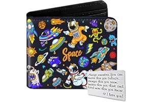 Qoibraze Kids Wallet for Boys Teen, Funny Bifold Leather Purse Age 6-8 9-12 12-14, Cool Boy Wallet for Kids, Small Wallets with Coin Pocket for Childrens Birthday Christmas Gifts (Astronaut-Space)