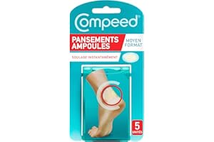 Compeed® - Pansements Ampoules - Moyen Format - 5 Pansements Hydrocolloïdes - Pansement Cicatrisation Rapide qui accélère la guérison - Soin des Pieds - 6,8x4,2 cm