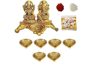 Wonder Care Ganesha Lakshmi Statue Sculpted in Great Detail in Ivory Antique Finish Metal Diya for Diwali Pooja Oil Lamp- Ganesh Idol for Car | Home Decor | Mandir | Gift | Hindu God Idol