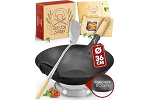 KRUSTENZAUBER 36cm Wokpfanne Induktion Voreingebrannt - Traditionelle Stahlwokpfanne Mit Wokwender und Wokring - Pfanne, Induktion, Woklette, Zubehör, Carbon Steel Karbonstahl